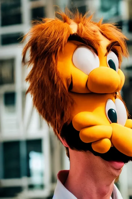 Image similar to portrait of Jacksfilms dressed in Garfield costume, starring in live-action adaptation of the comics, cosplay photograph, shallow depth of field