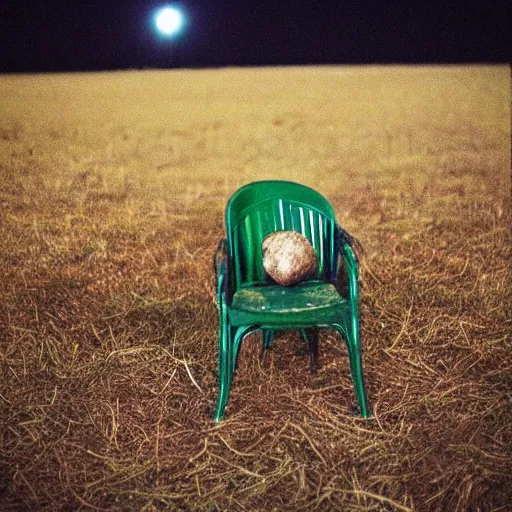 Image similar to “a burning avocado chair in the middle of an empty field at night. 35mm film. Cursed image.”