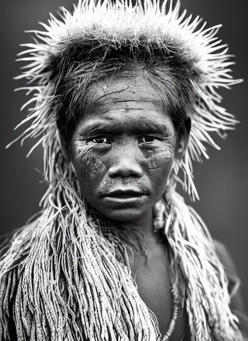 Image similar to Award winning Editorial photo of a Native Kiribati with incredible hair and beautiful hyper-detailed eyes wearing traditional garb with a Bokikokiko by Lee Jeffries, 85mm ND 5, perfect lighting, gelatin silver process