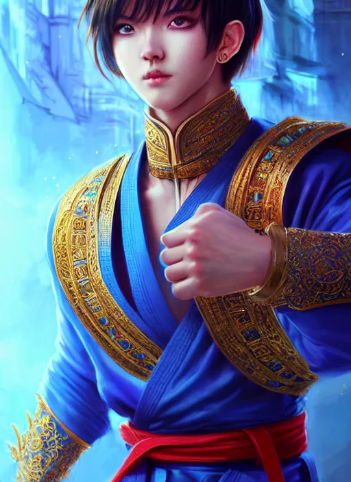 Image similar to male manchurian martial artist!!!! blue eyes!! intricate ornate blue robes!! character concept art, sharp focus, octane render! unreal engine 5! highly rendered!! trending on artstation!! detailed linework!! illustration by artgerm, wlop, and chie yoshii