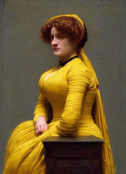 Prompt: portrait of jemma channing, wearing yellow ochre, preraphaelite colour photography by frederic leighton, 8 k