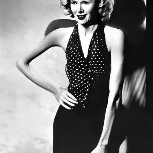 Image similar to Naomi Watts 1940s black and white 20th Century Fox promotional photo. Golden Age of Hollywood.