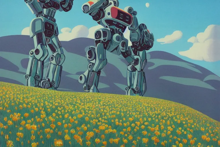 Image similar to giant mecha robot, blooming hills with spring flowers and pillars by helen lundeberg