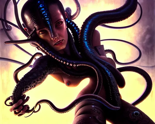 Image similar to jet black haired cyberpunk girl, octopus, dramatic lighting, ultra realistic, intricate details, the fifth element artifacts, highly detailed by peter mohrbacher, allen williams, hajime sorayama, wayne barlowe, boris vallejo, aaron horkey, gaston bussiere,