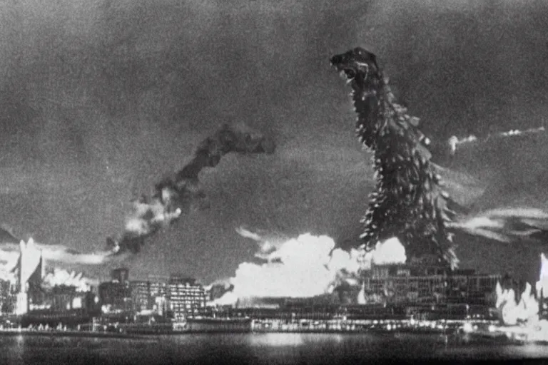 Prompt: a filmstill of Kim Jong-il and a Starro Kaiju monster destroying Pyongyang, in Godzilla (1954) by Ishirō Honda, traditional Korean city, palace, epic ultrawide shot, cinémascope