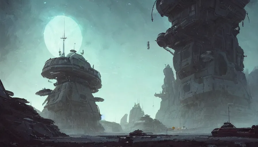 Prompt: mysterious alien outpost on a distant planet in style of greg rutkowski and ian mcque, very detailed, atmospheric, vivid, masterpiece, wide angle