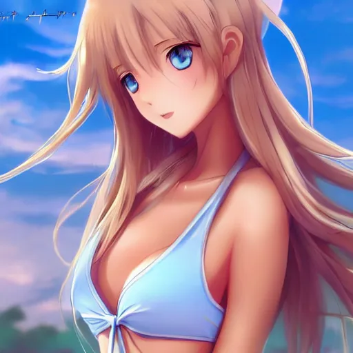 Image similar to a very beautiful young anime tennis girl, full body, long wavy blond hair, sky blue eyes, full round face,, bikini, miniskirt, front view, mid - shot, highly detailed, cinematic wallpaper by stanley artgerm lau