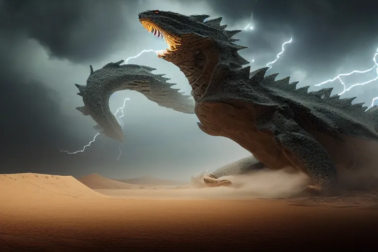 Image similar to sand dragon with lightnings and smoke is fighting against giant wind monster with cyclones, cgsociety, full length, exquisite detail, post - processing, masterpiece, volumetric lighting, cinematic, hypermaximalistic, polarizing filter,, sony a 7 r iv, cinematic, 8 k resolution, beautiful detailed, insanely intricate details, sharp edges, smooth focus, low angle,