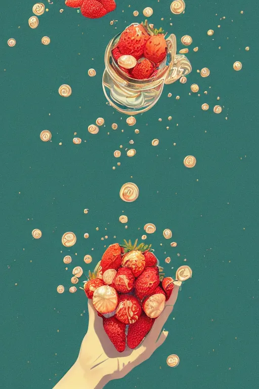Prompt: a hyperdetailed exquisite delicate strawberries fight with floating milk fluid scene, plane illustration, poster, victo ngai, top milk brands, 4 k hd wallpaper illustration, package cover, golden curve composition