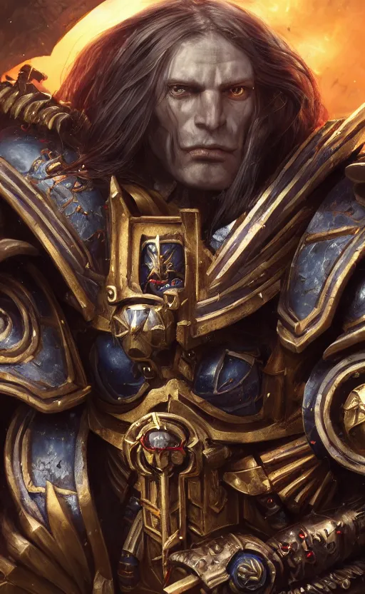 Image similar to warhammer 40k Emperor of Mankind, half-length portrait, beautiful face, long hair, illustration, fine details, cinematic, highly detailed, octane render