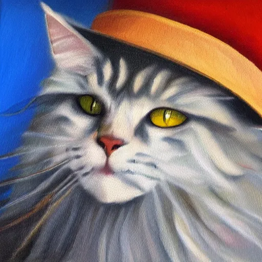 Image similar to Portrait Oil Painting, Ginger Maine-Coon with a white fluff wearing a sombrero sombrero