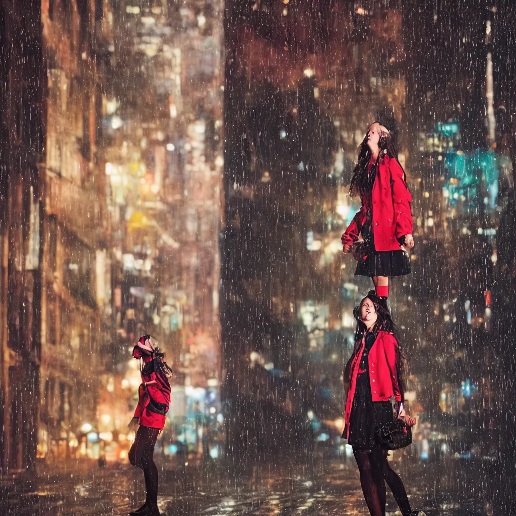 Image similar to night flash portrait photography of a high school girl in uniform on the lower east side by annie leibovitz, colorful, nighttime!, raining!