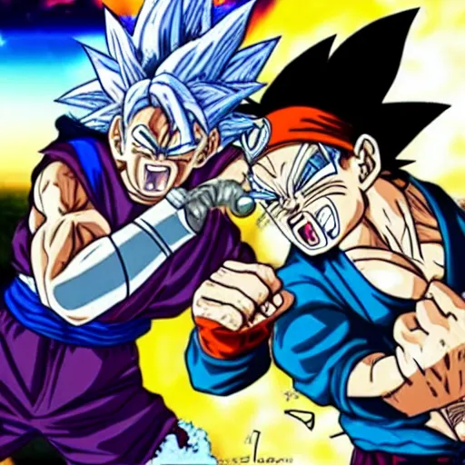 Image similar to rick sanchez fighting goku, realistic