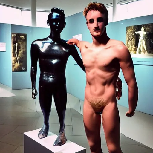 Image similar to “a realistic detailed photo of a guy who is an attractive humanoid who is half robot and half humanoid, who is a male android, British diver Jack Laugher & Chris Mears, shiny skin, posing like a statue, blank stare, at the museum, on display”