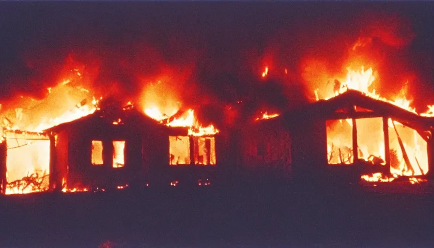 Image similar to 1 9 7 0 s movie still of a heavy burning house in a small french village, cinestill 8 0 0 t 3 5 mm, heavy grain, high quality, high detail, dramatic light, anamorphic, flares