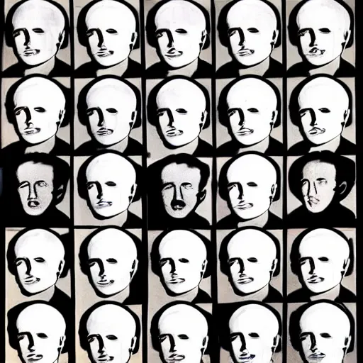 Image similar to fifty bald men by andy warhol