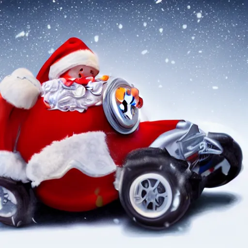 Image similar to Santa Clause driving a rally car he is going fast there is smoke coming from the tires there is snow on the track you can clearly see Santa Clause driving he is fat and jolly, realistic lighting, realistic shadows, highly reflective, photo realistic, hyper realistic