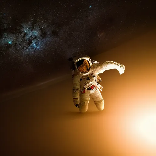 Image similar to photograph of an astronaut against the darkness of space, singular light source from below, full body photo, amazing light and shadow contrast, 8 k