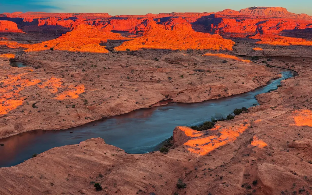 Prompt: “a dried up river bend running through a canyon surrounded by desert mountains at sunset, moab, utah, a tilt shift photo by Frederic Church, trending on unsplash, hudson river school, national geographic photo”