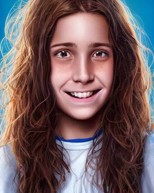 Image similar to close up portrait of 1 5 - year - old girl, smile with large front teeth, hermione granger, very bushy brown hair, and very bright brown eyes, wearing white shirt, hyper realistic face, beautiful eyes, character art, art by mark brooks, hyperdetailed, cryengine, trending on artstation, digital art