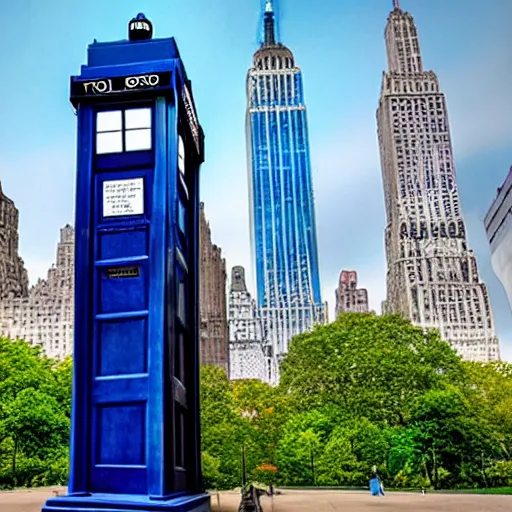 Image similar to a tardis as big as the empire state building towering over central park