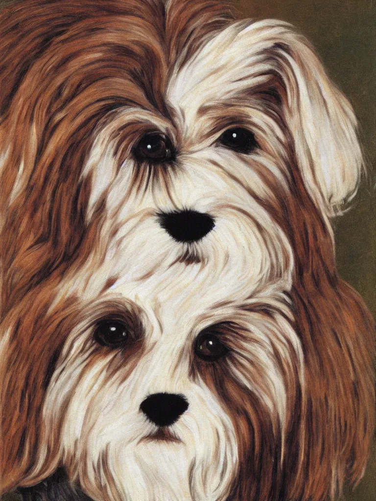 Image similar to self portrait of a cream colored havanese dog with strong eyebrows, by frieda kahlo