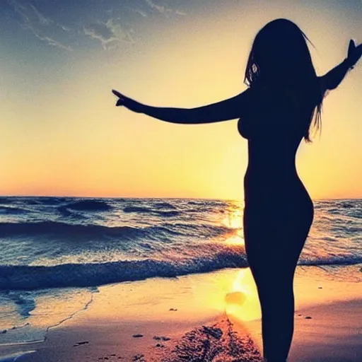 Prompt: beautiful woman tattoos on body dramatic beach cinematic photorealistic sunset,