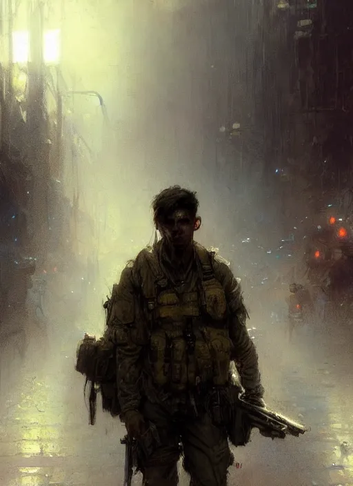 Image similar to an modern soldier in a new york subway in a zombie apocalypse art by greg rutkowski gaston bussiere fantasy soft hair trending on artstation deviantart book cover art concept art key art dramatic volumetric lighting, 4 k, award winning