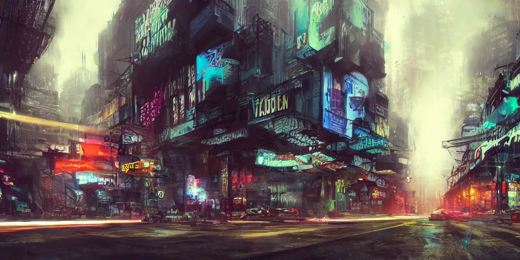 Image similar to a guatemalan solitary cyberpunk city, abandoned with neon ads and signs with evocative dramatic mood with blade runner vibe with cars and floating vehicles with motion blur with depth of field with bloom with lightshaft with volumetric lights and ads, fog, by jeremy mann oscar winning graphics, photo realistic, bloom, imax, dynamic lighting, artstation,