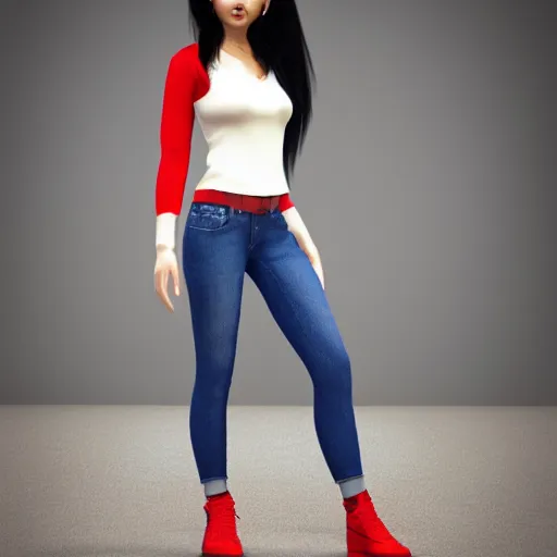 Image similar to 3 d octane render character design of a latina cute girl using tight white and red raglan sleeves with tight blue jeans and cool shoes, having silky long black hair with bangs