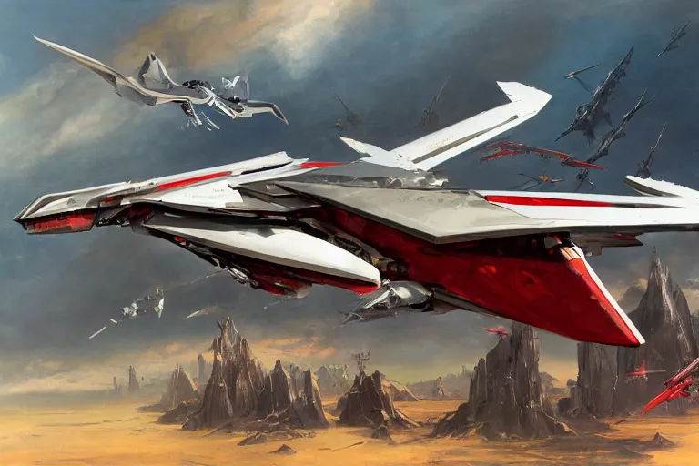 Image similar to a pteranodon mecha fighter, white john berkey armor panels, wine-red trim, skull insignia, robotech styling with Kanji markings, boeing concept art painting