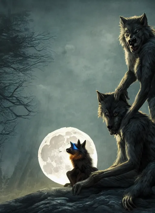 Image similar to a werewolf at night sitting next to a human child in front of full moon, fantasy art, matte painting, highly detailed