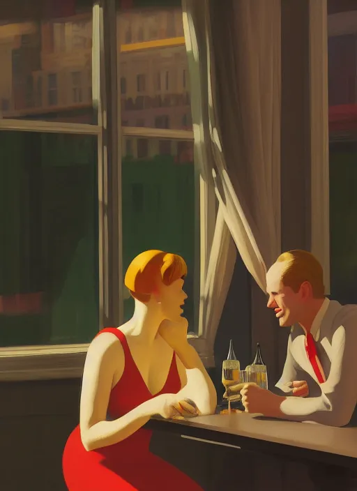 Prompt: a couple drinking champagne, romantic vintage style poster by Edward Hopper and James Gilleard, 8k, octane render, ultra sharp, detailed digital art