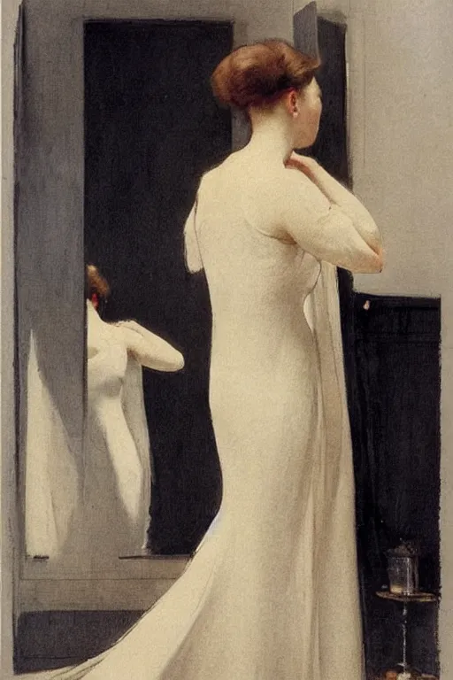 Prompt: european woman in a gown getting ready for a party, bloom flowers, modern, eclectic, illustration, by ramon casas
