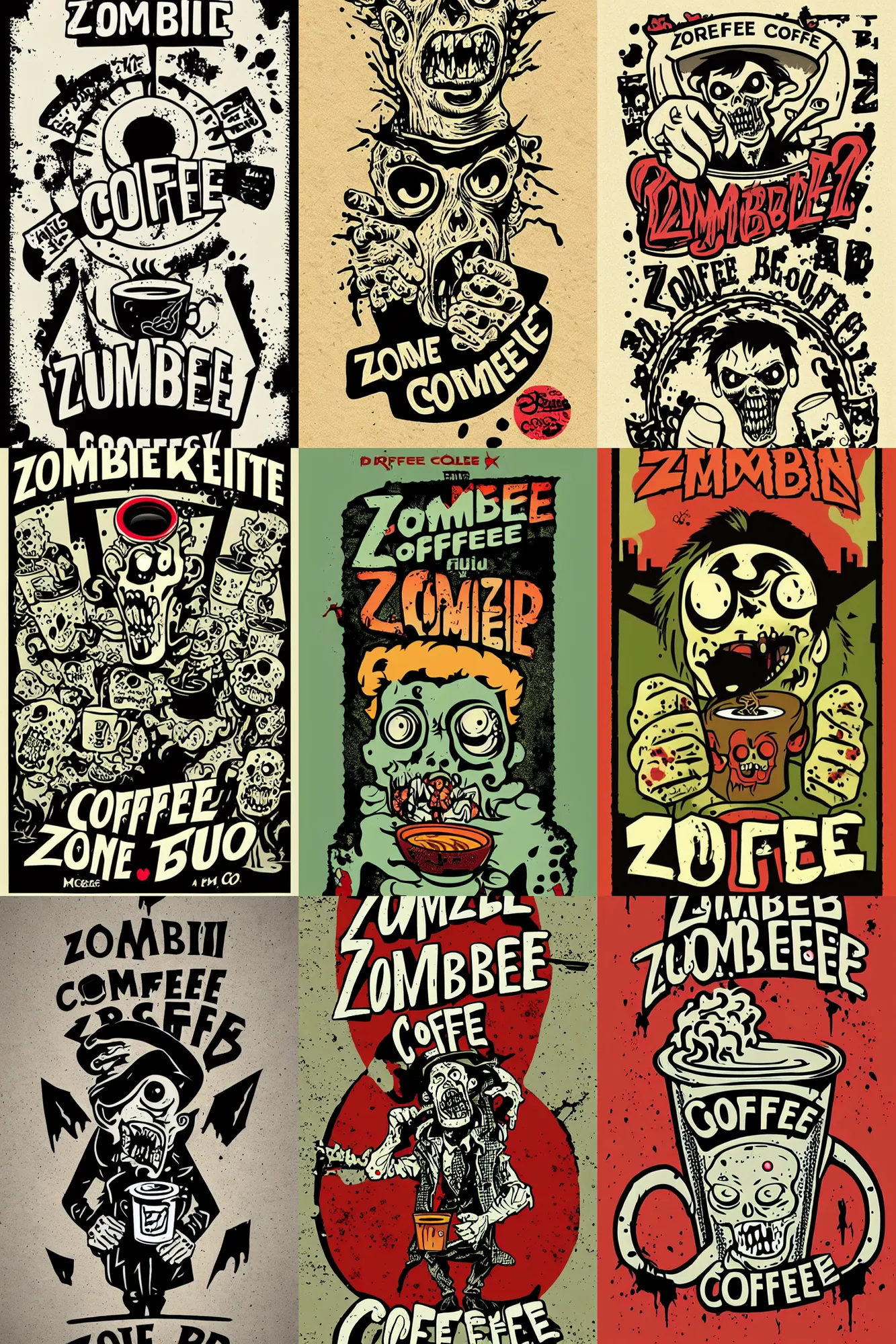 Prompt: zombie coffee logo, zombie drinking, by mcbess, full colour print, vintage colours