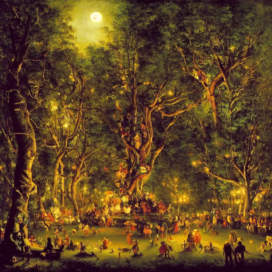 Prompt: a night carnival around a magical tree cavity, with a surreal orange moonlight and fireworks in the background, next to a lake with iridiscent water, christmas lights, folklore animals and people disguised as fantastic creatures in a magical forest by summer night, masterpiece painted by gustave courbet, mark keathley, dark night environment