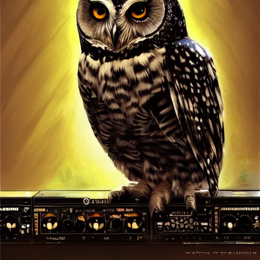 Prompt: an owl dj making techno music, artistic, cartoon, oil painting, futuristic, dramatic, very detailed, trending on artstation, surreal