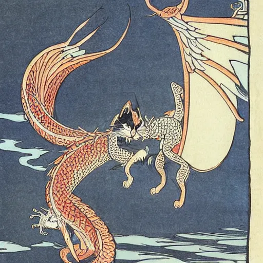 Prompt: a beautiful cat with dragon wings, illustration by hokusai