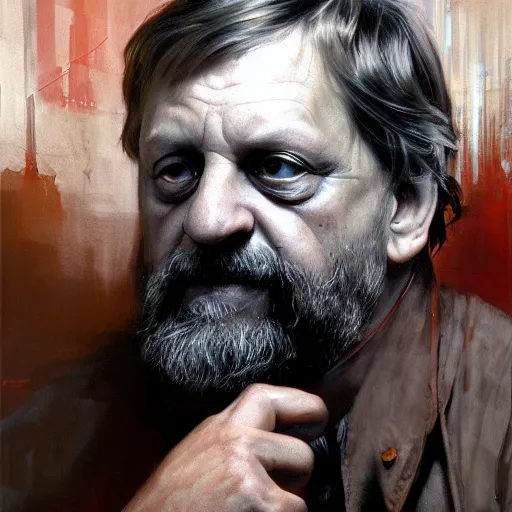 Image similar to slavoj zizek, hyperrealistic portrait, bladerunner street, art of elysium by jeremy mann and alphonse mucha, fantasy art, photo realistic, dynamic lighting, artstation, poster, volumetric lighting, very detailed face, 4 k, award winning