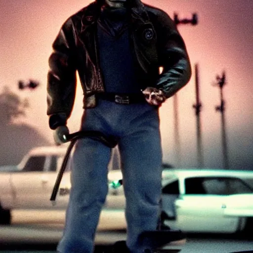 Prompt: A realistic photograph of Arnold Schwarzenegger as terminator riding a skateboard, smoking a pipe, gloomy, action, ambient lighting,