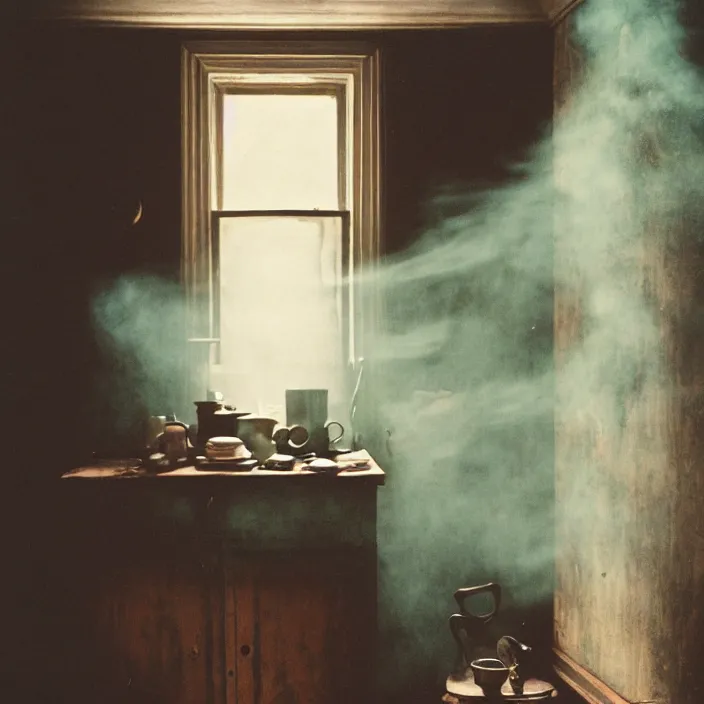 Image similar to kodak portra 4 0 0, wetplate, fisheye, award - winning portrait by britt marling, 1 8 8 0 s kitchen, ghost, picture frames, shining lamps, dust, smoke, 1 8 8 0 s furniture, wallpaper, carpet, books, muted colours, wood, fog, plants, flowers