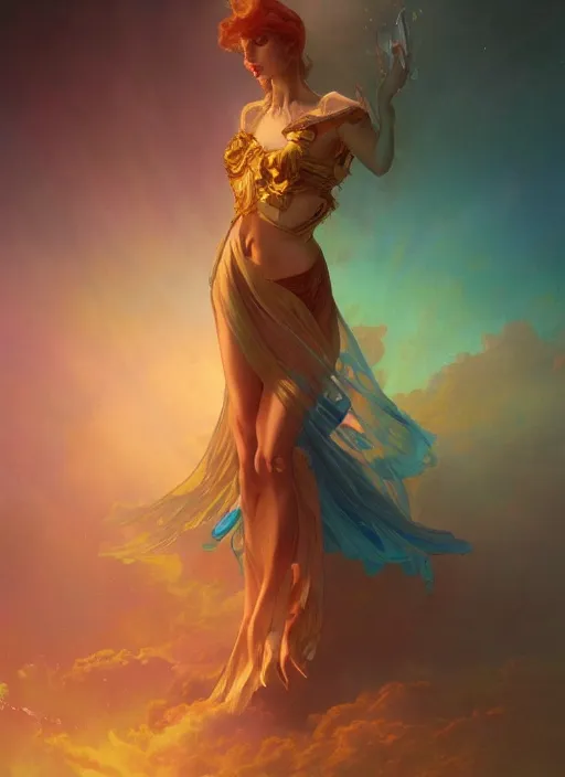 Image similar to beautiful woman standing at the base of heaven, concept art, symmetrical, trending on artstation vivid color, complementary color, golden ratio, detailed, sharp lines, intricate, rainbowshift by andrei riabovitchev, by peter mohrbacher, by gustave dore, by maxfield parrish, by alphonse mucha, deviantart, octane render