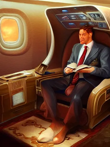 Prompt: a handsome mature well meaning diplomat. in his chair in the first class of a airplane. intricate, elegant, highly detailed, digital painting, artstation, concept art, sharp focus, illustration, by justin gerard and artgerm, 8 k