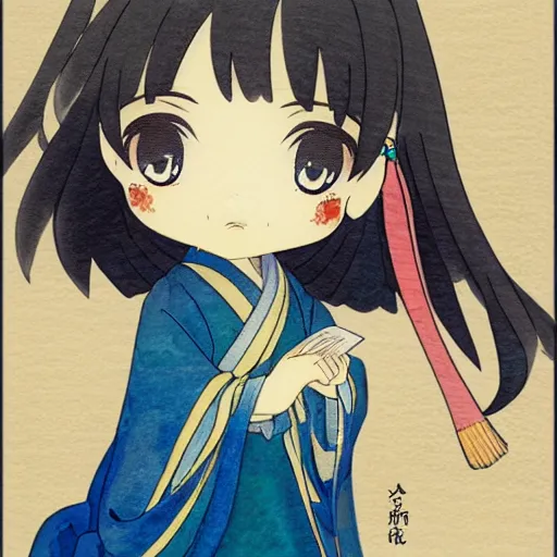 Image similar to beautiful water color concept art of face detailing cute nendoroid girl in the style of hokusai , toon rendering, close-up, no shade, modern art, kyoto animation