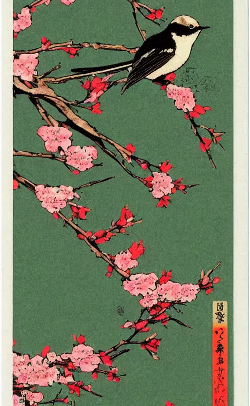 Prompt: by akio watanabe, manga art, a warbler bird and blossoming blackthorn branch, trading card front, kimono, realistic anatomy, sun in the background