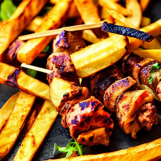Image similar to a delicious looking kebab with fries,close up shot,high definition