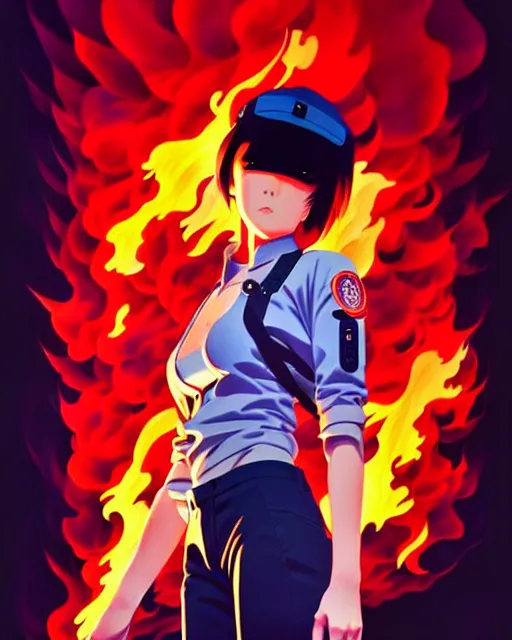 Image similar to fireman, covered in beautiful flames | | very very anime!!!, beautiful fine - face, audrey plaza, realistic shaded perfect face, fine details. anime. realistic shaded lighting poster by ilya kuvshinov katsuhiro otomo ghost - in - the - shell, magali villeneuve, artgerm