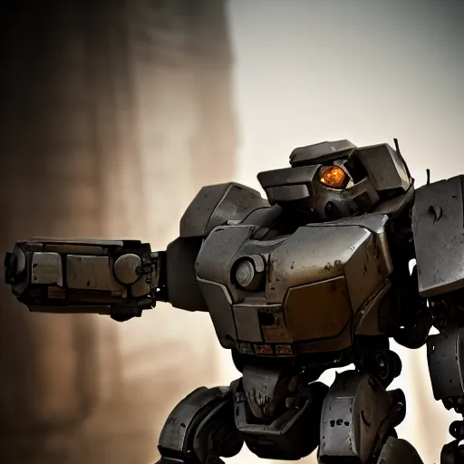 Prompt: centurion battle mech, battle damaged, shallow depth of field, moody lighting, 8 k,