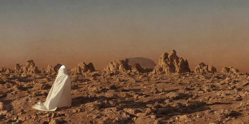 Image similar to levitating ghost veiled silhouette with full - face golden bright glowing reflective mask in a dry rocky desert landscape with abandoned city beneath the sand, visible sky and sunny atmosphere, floating rocks, flying rocks and fata morgana and giant mirrors by alejandro jodorowsky, anamorphic lens, kodakchrome, practical effects, masterpiece, 8 k