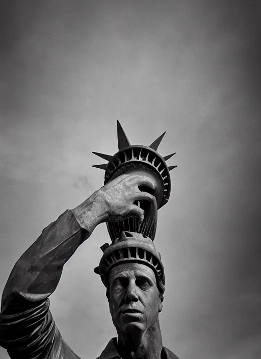 Image similar to Tom Waits eating Statue of Liberty, color photograph portrait 4k